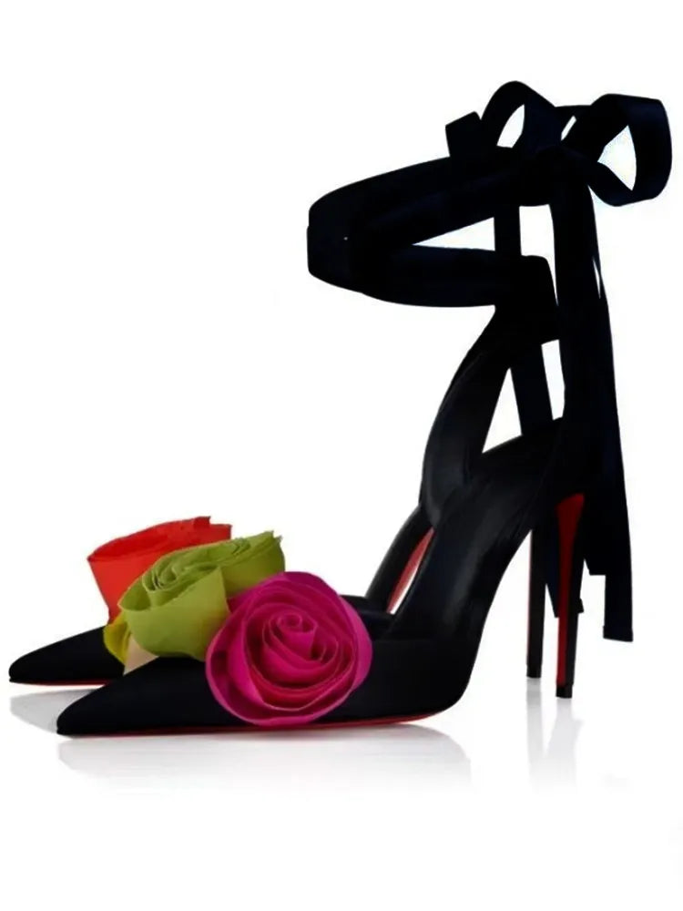 Rose Flower Pointed Toe High Heel Sandals for Women