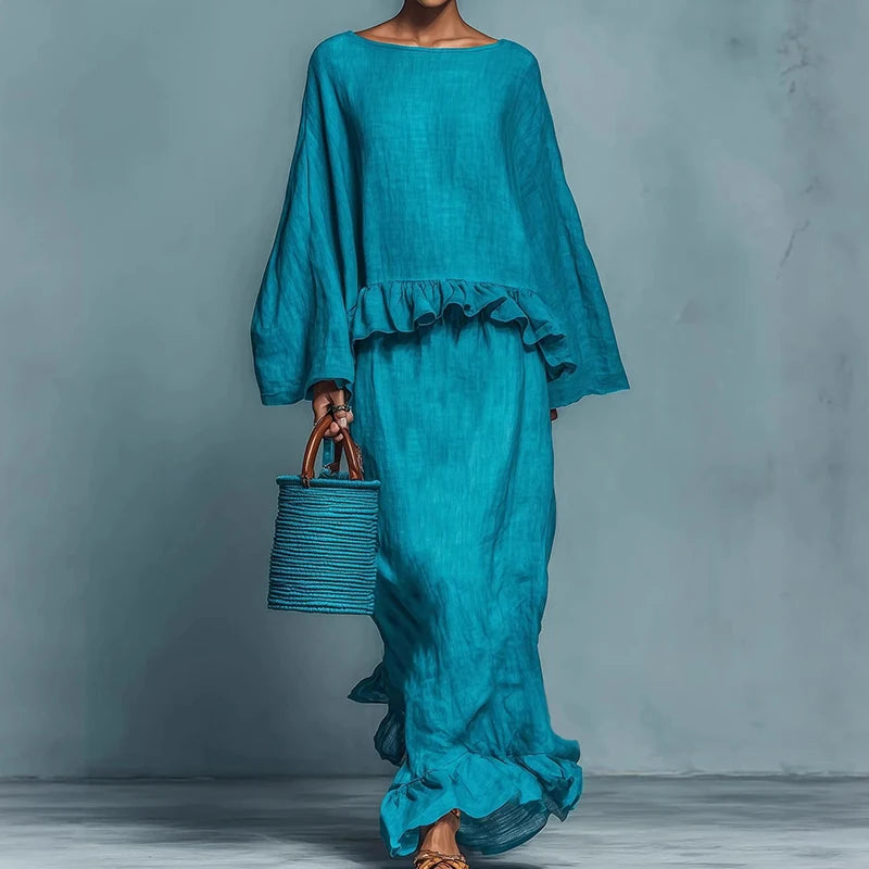 O Neck Long Sleeve Two Piece Maxi Skirt Set for Women