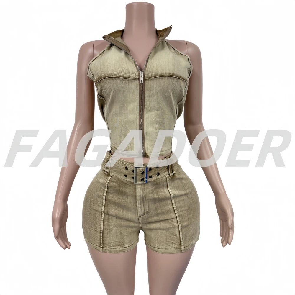 FAGADOER Retro Fashion Denim 2 Pieces Set for Woman Zipper Sleeveless Crop Top + Skinny Shorts Suit Female Streetwear Clothing