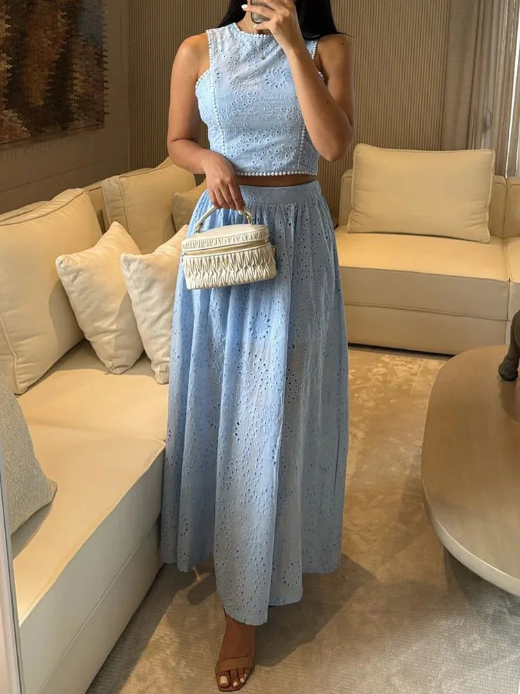 Short Top Patchwork Two Pieces Matching Sets, Women Summer Solid Simple Maxi Skirts Outfit, 2025 Sleeveless Zipper Ladies Suits