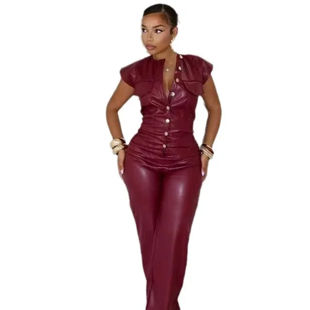 Solid Color Dark Red Wide Leg Pu Leather Jumpsuit for Women