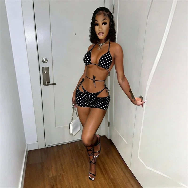 Polka Dot Lace Up Bikini Set with Briefs for Women