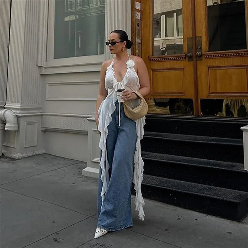 Y2K Sheer Mesh Spaghetti Strap Camisole Top White Ruffle Fringe Halter Tops Coquette Fairy Core Clothes 2024 Fashion