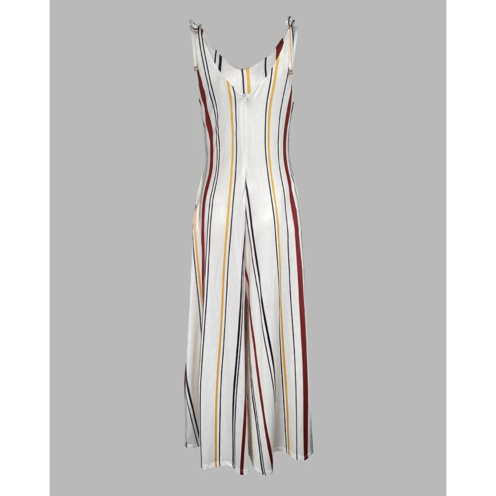 Women'S Striped Print V Neck Shoulder Lace Up Sleeveless Jumpsuit Casual Pocket Design Zipper Wide Leg Romper Summer Outfits