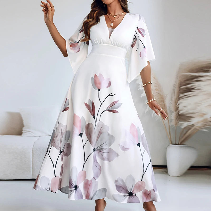 Bohemian V-Neck Hollow Out Short Sleeve Long Dress for Women