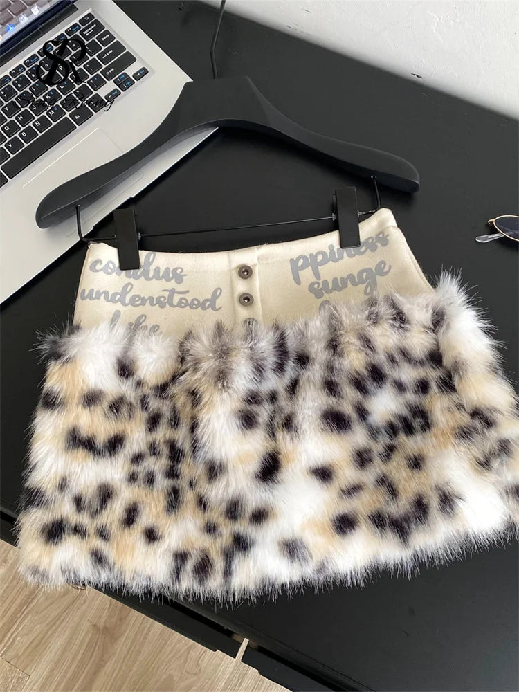 Leopard Print Furry A-Line Mini Skirt With Zipper for Women