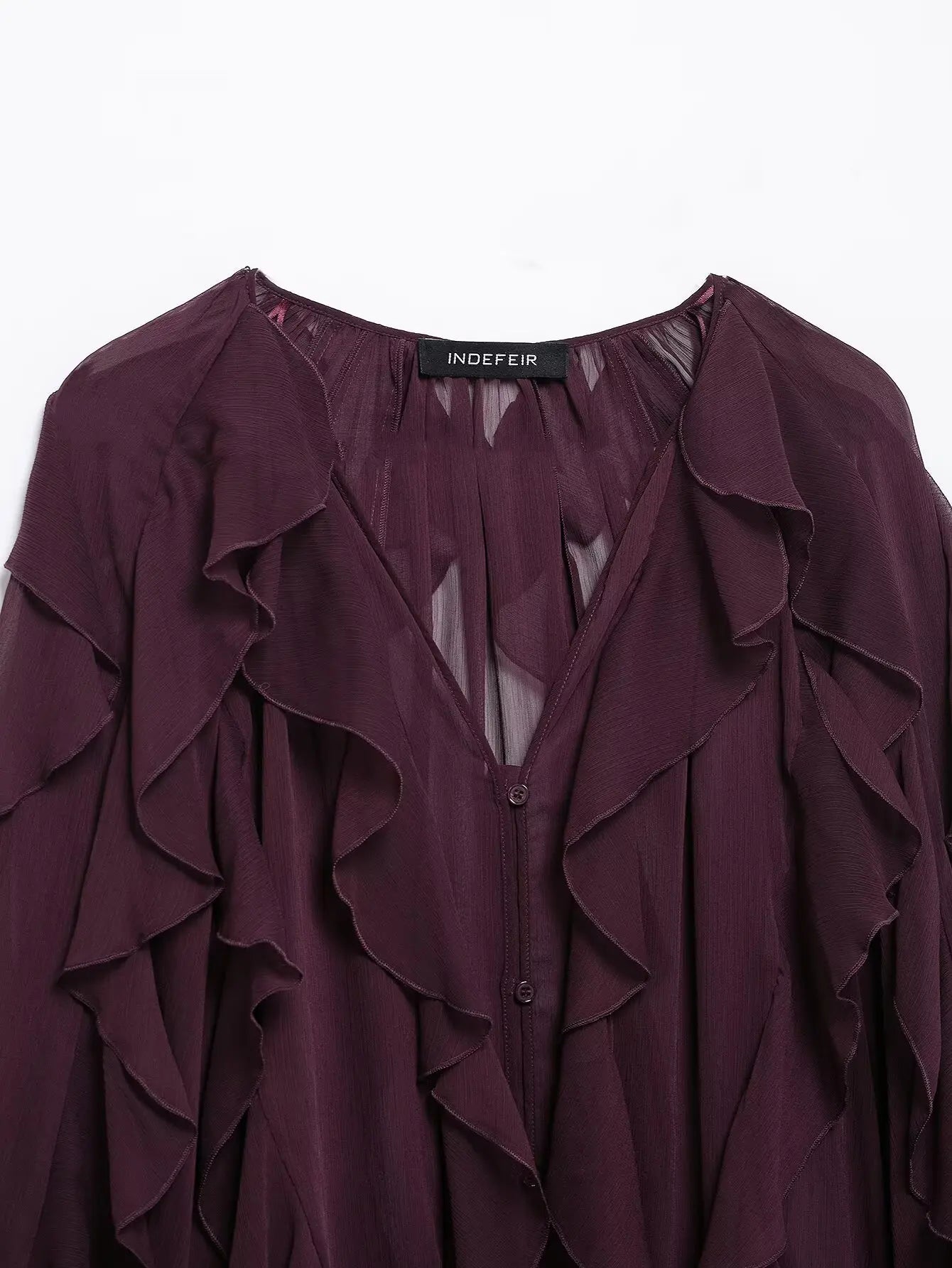 TRAFZA 2025 Women Elegant Solid Ruffles Blouse Spring Female V-Neck Long Sleeved Gauze Shirt Casual Hollow Out Lady Clothes