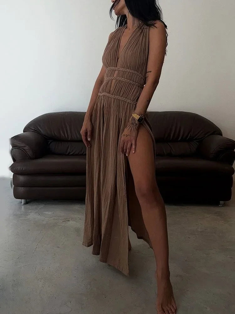 2025 Sexy Swimsuit Cover Up V Neck Back Open Beach Maxi Dress For Women Braided Belt Slit Long Tunic Vintage Party Dresses A2922