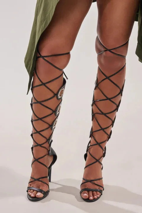 Versatile Casual High Heel Lace-Up Sandals with Circle Ring Decor Toe for Women