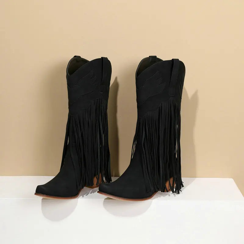 Retro Western Style Mid Calf Boots With Block Heel Tassels For Women