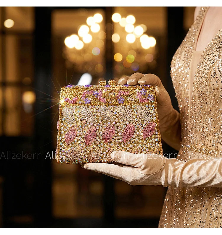 Metallic Leaf Diamond Evening Bag With Rhinestone Accents for Women