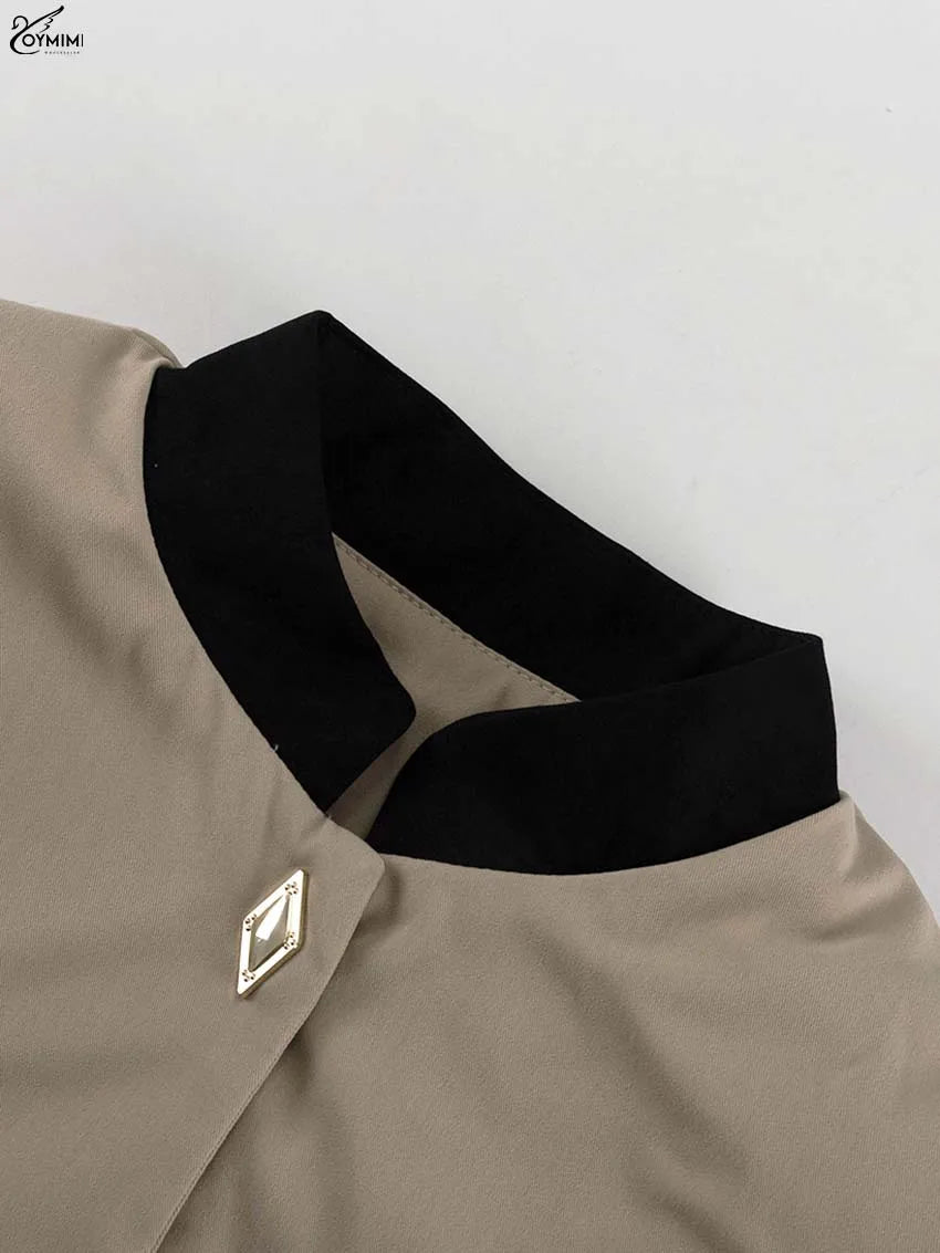 Oymimi Fashion Black Patchwork Two Piece Set For Women Casual Long Sleeve Button Pockets Crop Shirts + High Waist Mini Skirt Set