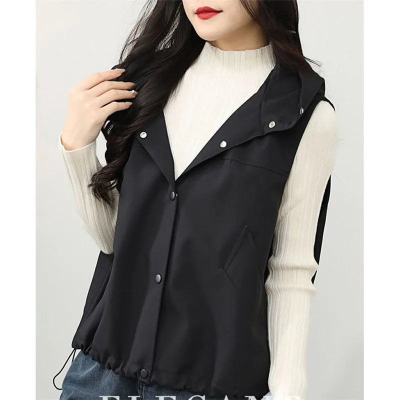 Casual Single Breasted Hooded Sleeveless Vest For Women