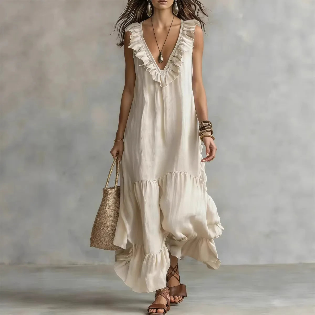 Spaghetti Strap V Neck Ruffle Trim Tiered Loose Flowy Maxi Dress for Women