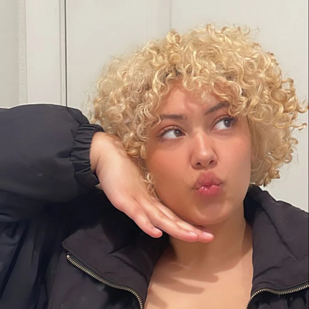 Blonde Brazilian Human Hair Wig Short Deep Wave Pixie Cut with Pre Plucked Bangs for Women Machine Made Curly 100% Human Hair