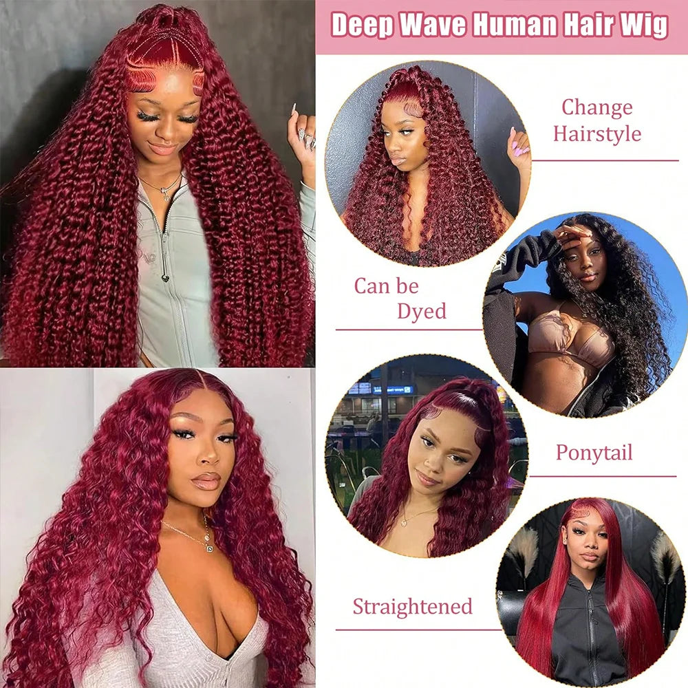 Preplucked Burgundy Deep Wave Lace Front Wig for Women