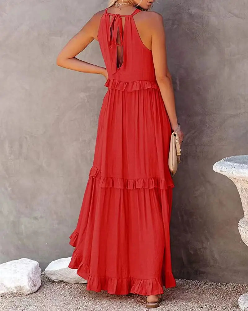 Solid Ruffled Sleeveless Maxi Sundress for Women