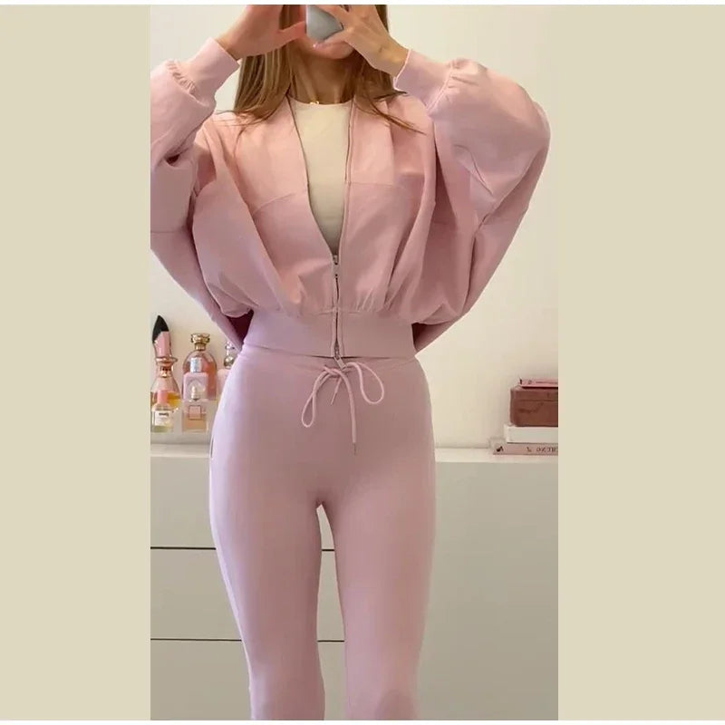 Solid Zip Front Coat and Trousers Two Piece Set for Women Autumn