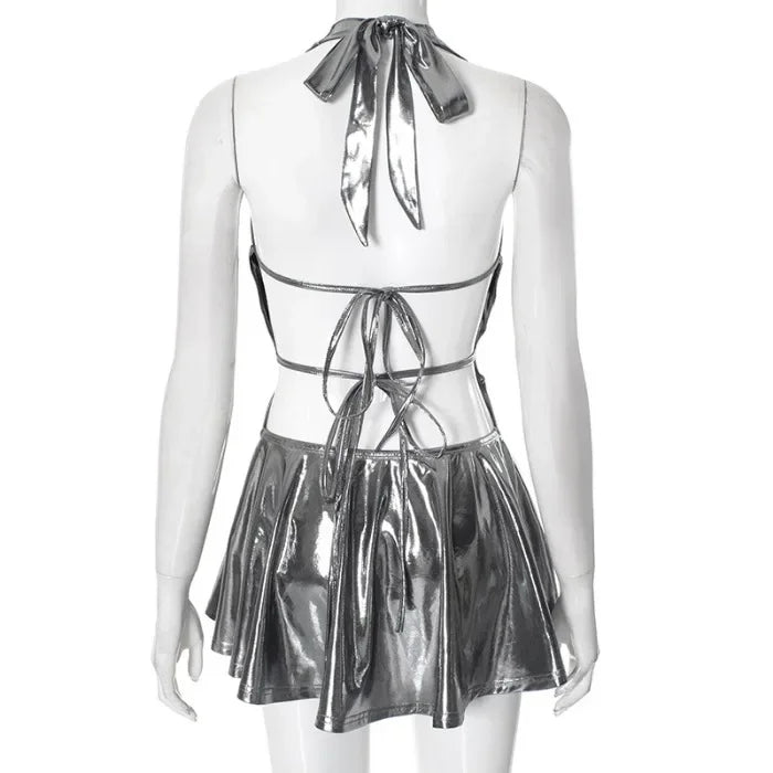 Tight Short Skirt Women Streetwear Fashion V-neck Backless Casual Pleated Dresses Sexy Backless Strap Dress Y2k Summer 2025 New