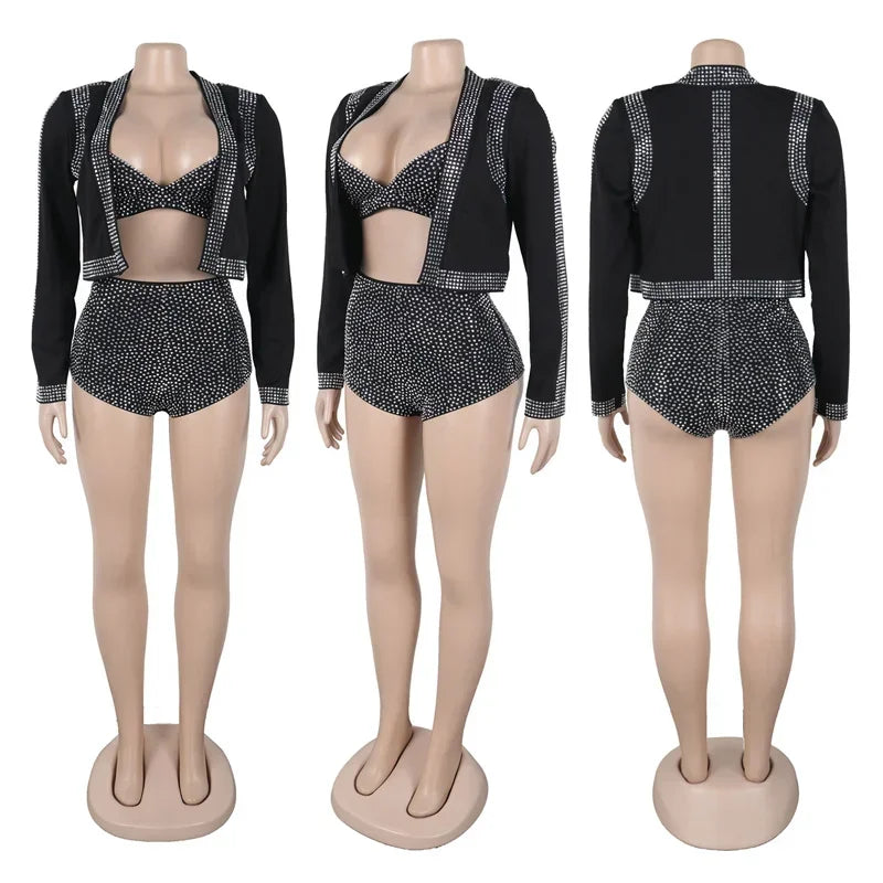Rhinestone Three Piece Crop Top And Shorts Set for Women
