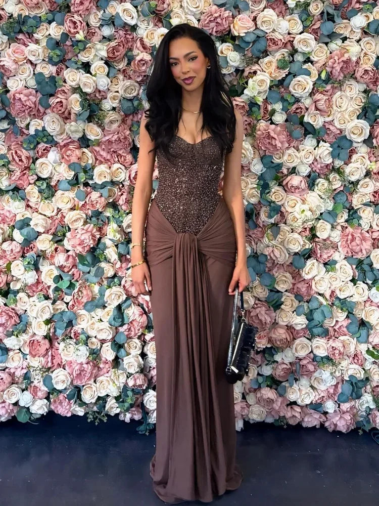 Solid Sexy Strapless Sequin Patchwork Dress Women Sleeveless Backless Cinched-waist Pleated Maxi Dresses Lady Party Evening Gown