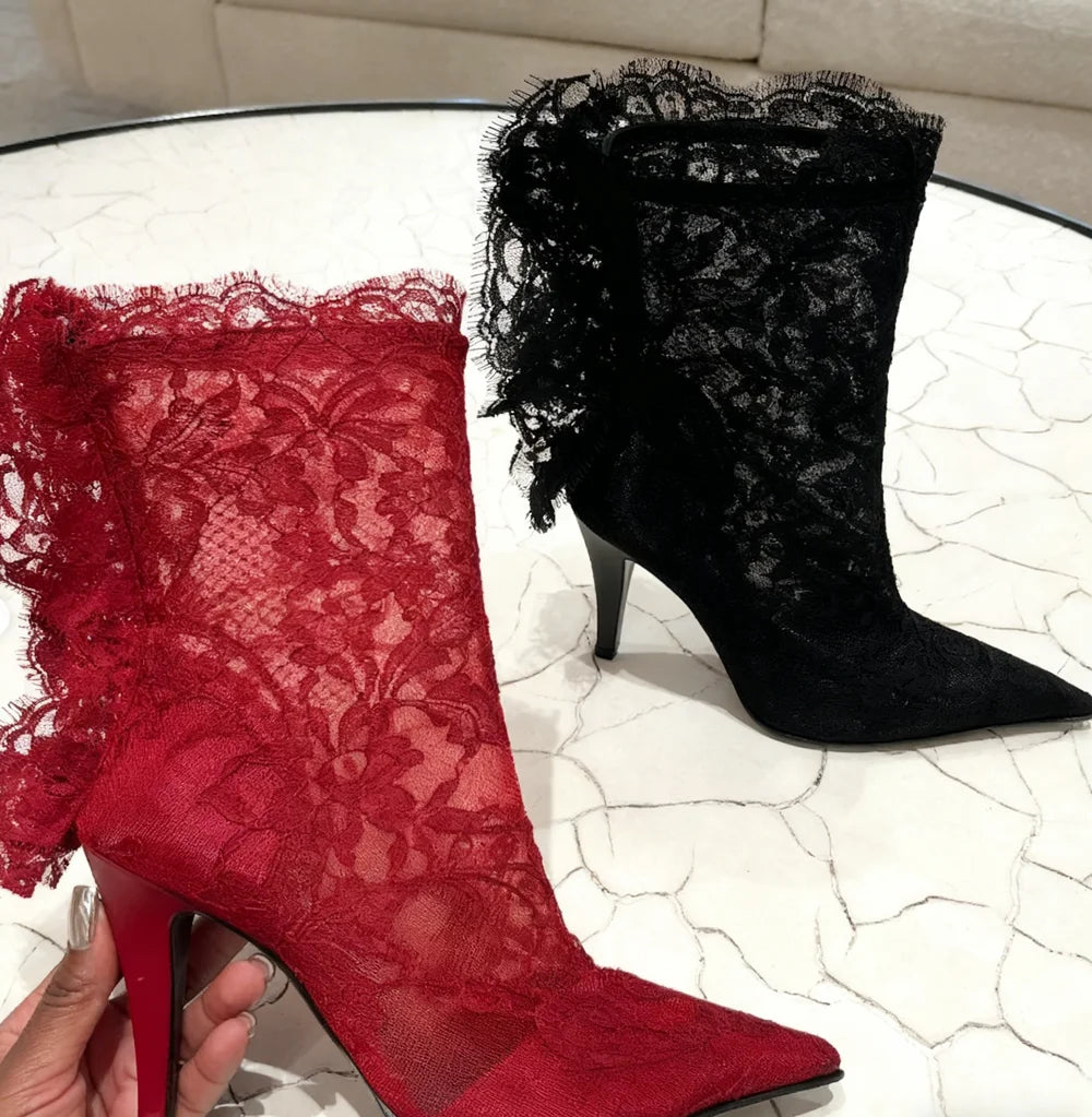 Burgundy Lace Stiletto Boots