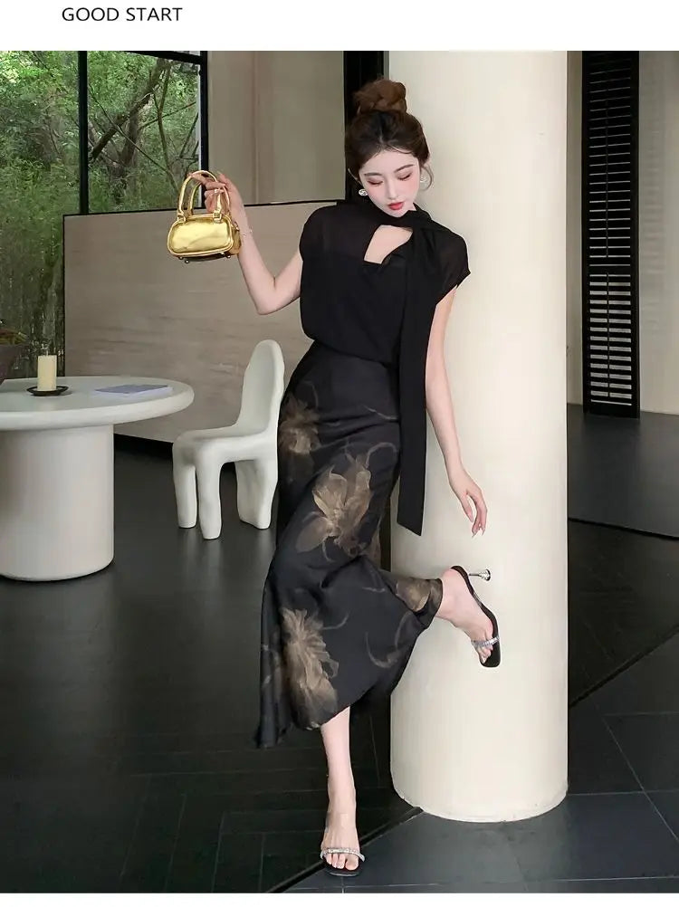 Chiffon Stand Collar Black Printed Three Piece Set for Women