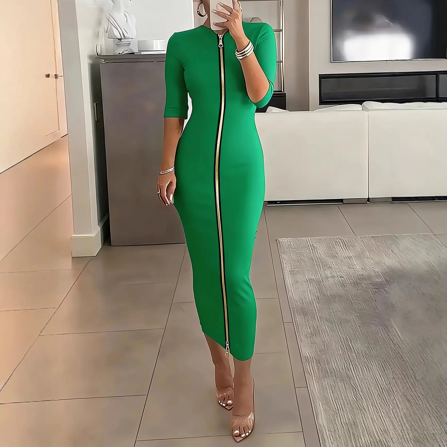 V-Neck Zipper Mid-Sleeve Ankle-Length Dress for Women