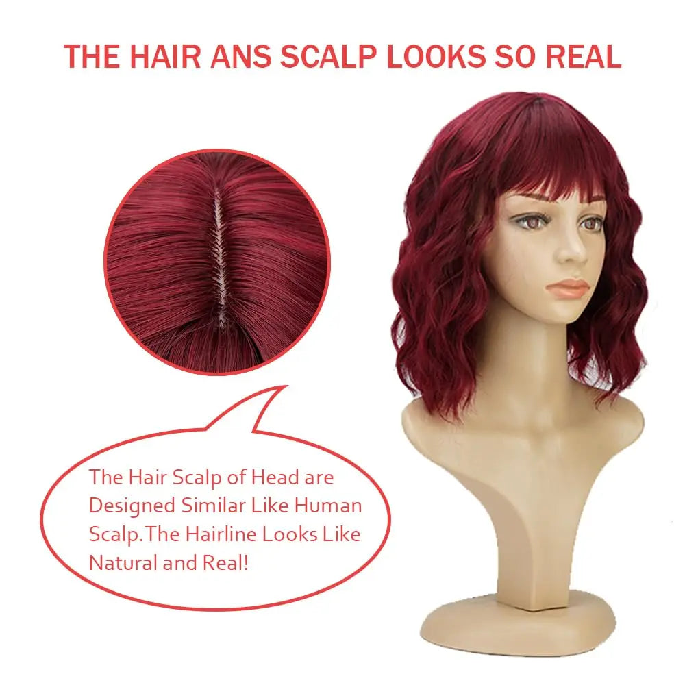 Natural Brown Synthetic Curly Wavy Bangs Bob Wig for Women