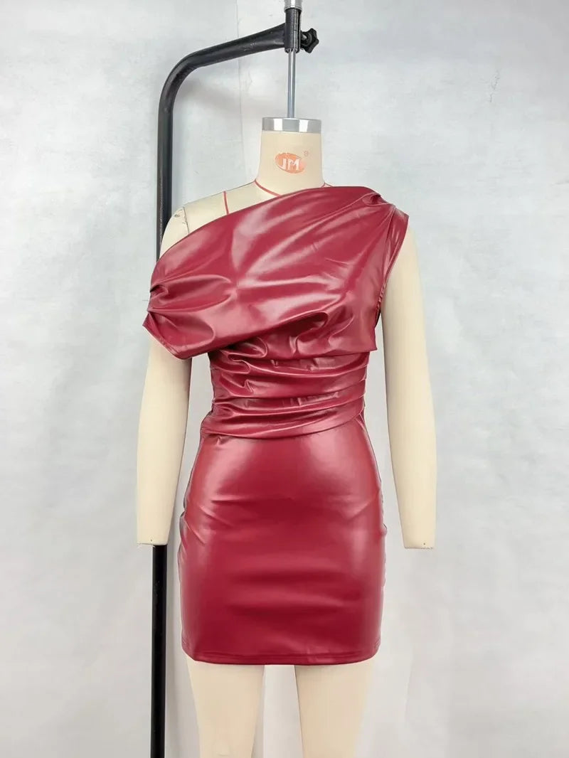 Elegant Inclined Shoulder Pu Leather Ruched Bodycon Mini Dress for Women
