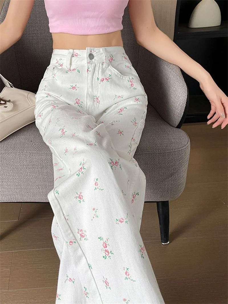 High Rise Wide Leg Printed Denim Pants For Women