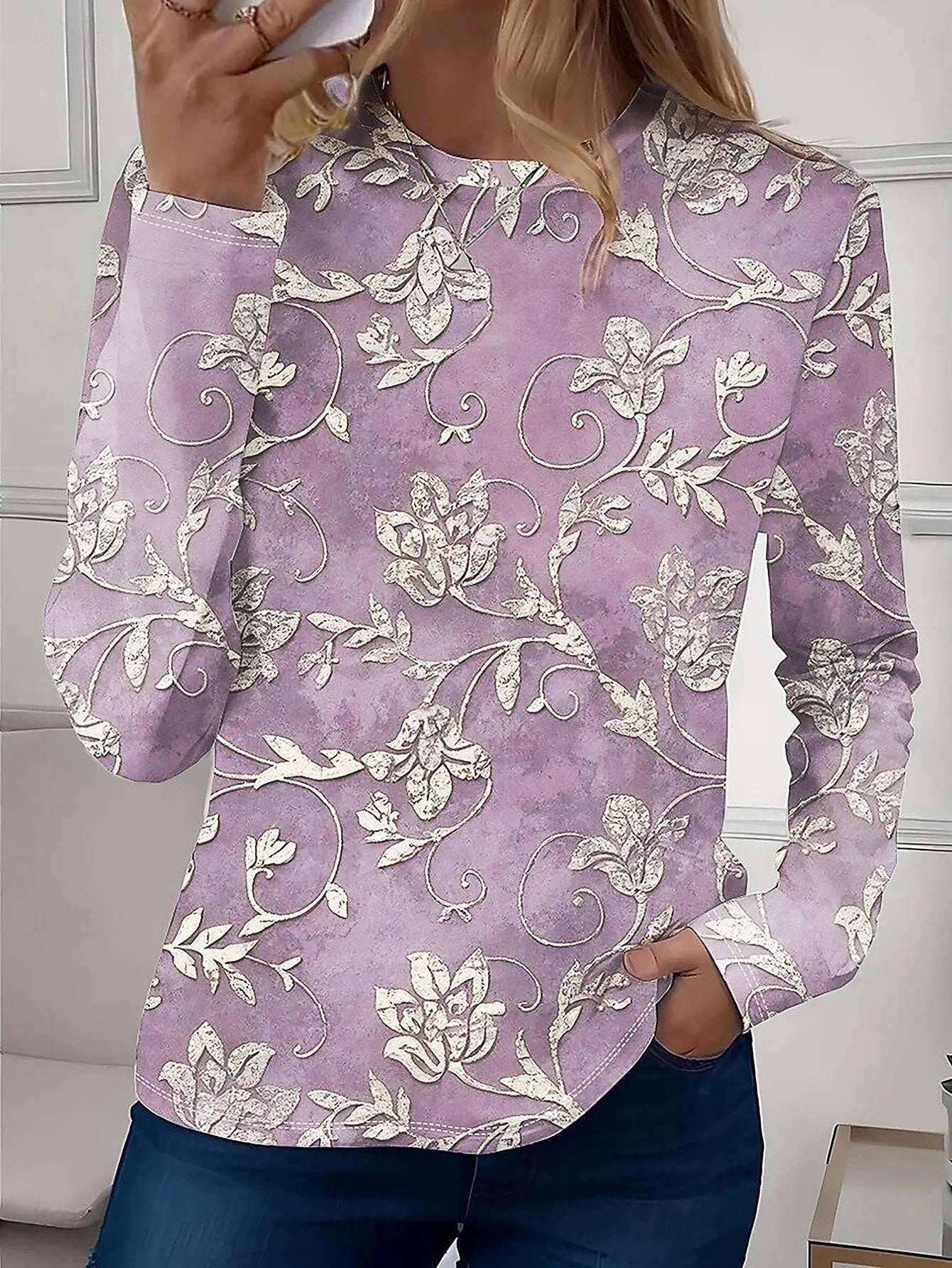 Women's Long - Sleeve Round - Neck T - Shirt, Light Purple with Vintage Floral Print, Casual Retro & Daily Wear