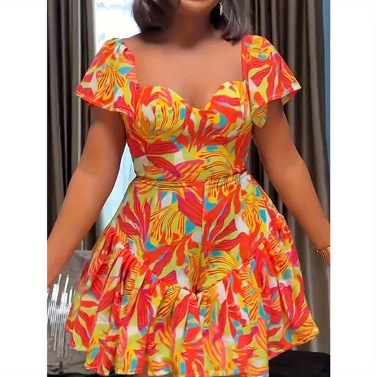 Multi Colored Leaf Print Square Collar Pleated Sleeves Jumpsuit