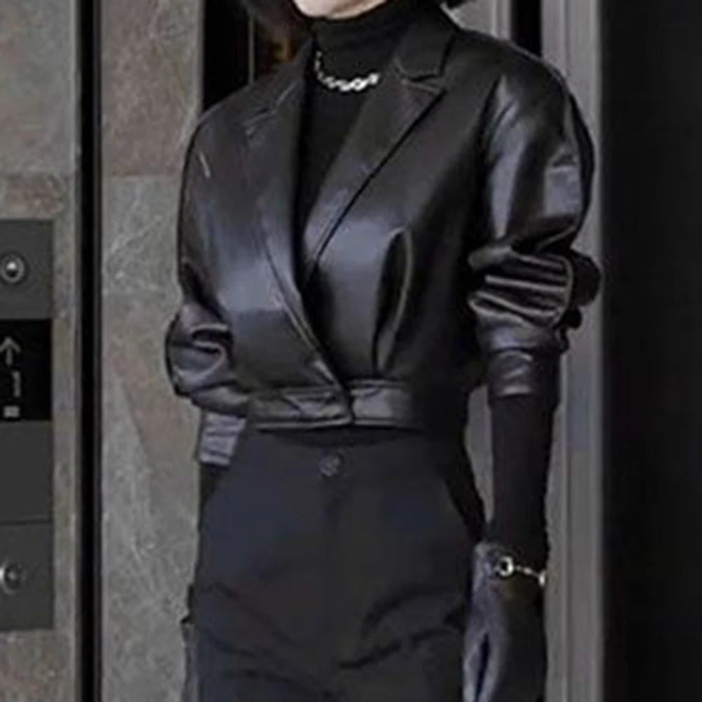 Trendy Faux Leather Blazer And Flared Pants Set For Women