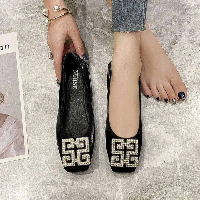 Rhinestone Buckle Square Toe Slip On Flats for Women