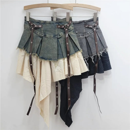 YEAE trendy fashion women's patchwork denim pleated skirt 2024 autumn new high waist strap design A-shaped skirt women