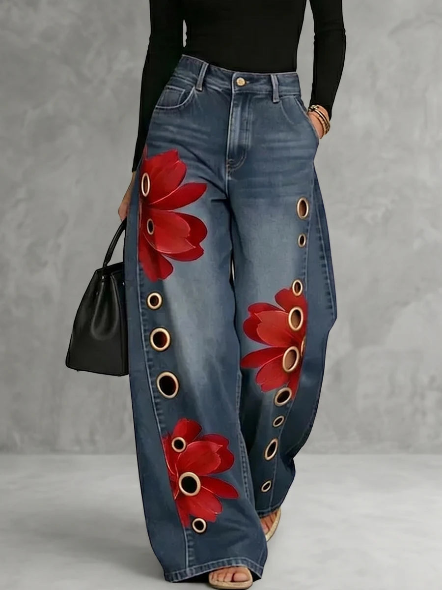 Bonboho Women High Waist Flower Print Wide Leg Floor Length Jeans 2026 Vintage Blue Denim Palazzo Jeans with Metal Eyelet Cutout