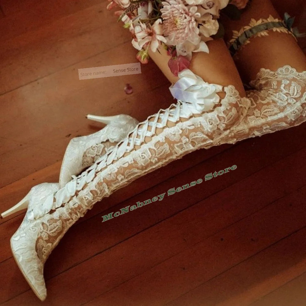 Lace Up Mesh Hollow Stiletto Knee High Boots For Women