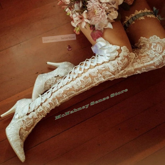Mesh Lace Up Knee High Boots