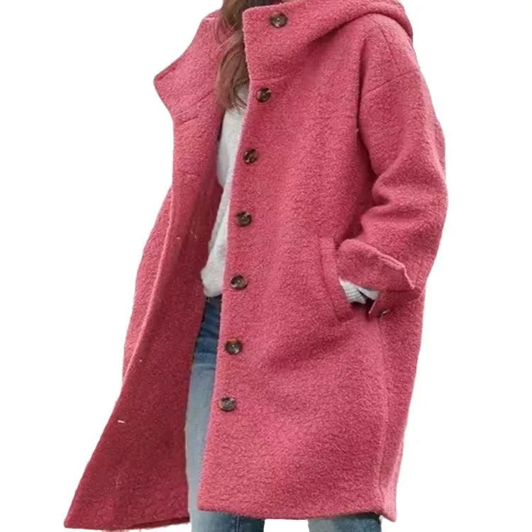 Oversized Hooded Casual Solid Color Wool Blend Coat for Women