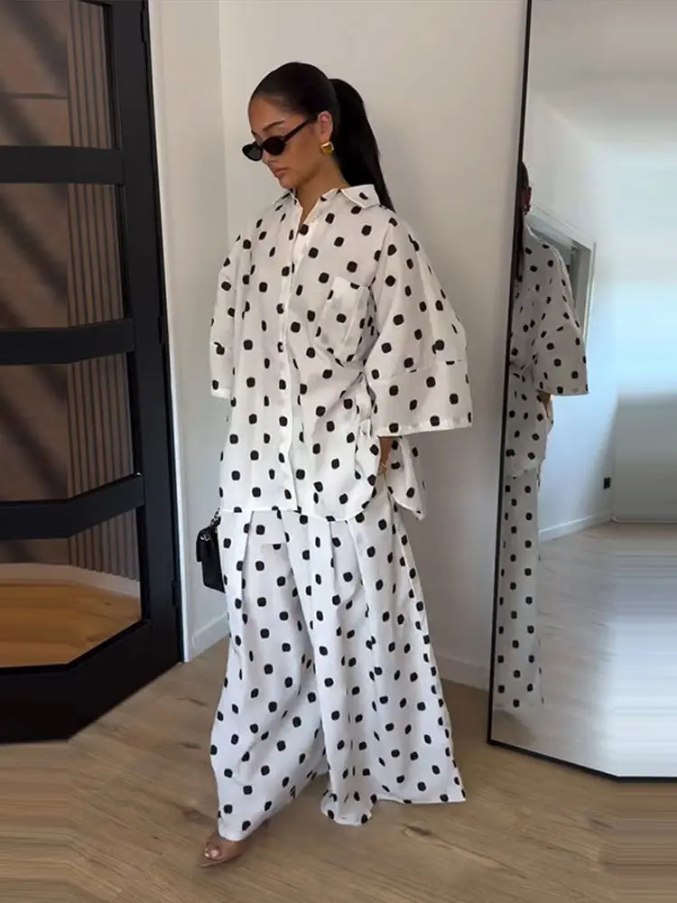 Elegant Polka Dot Shirt And Wide Leg Pants Set for Women