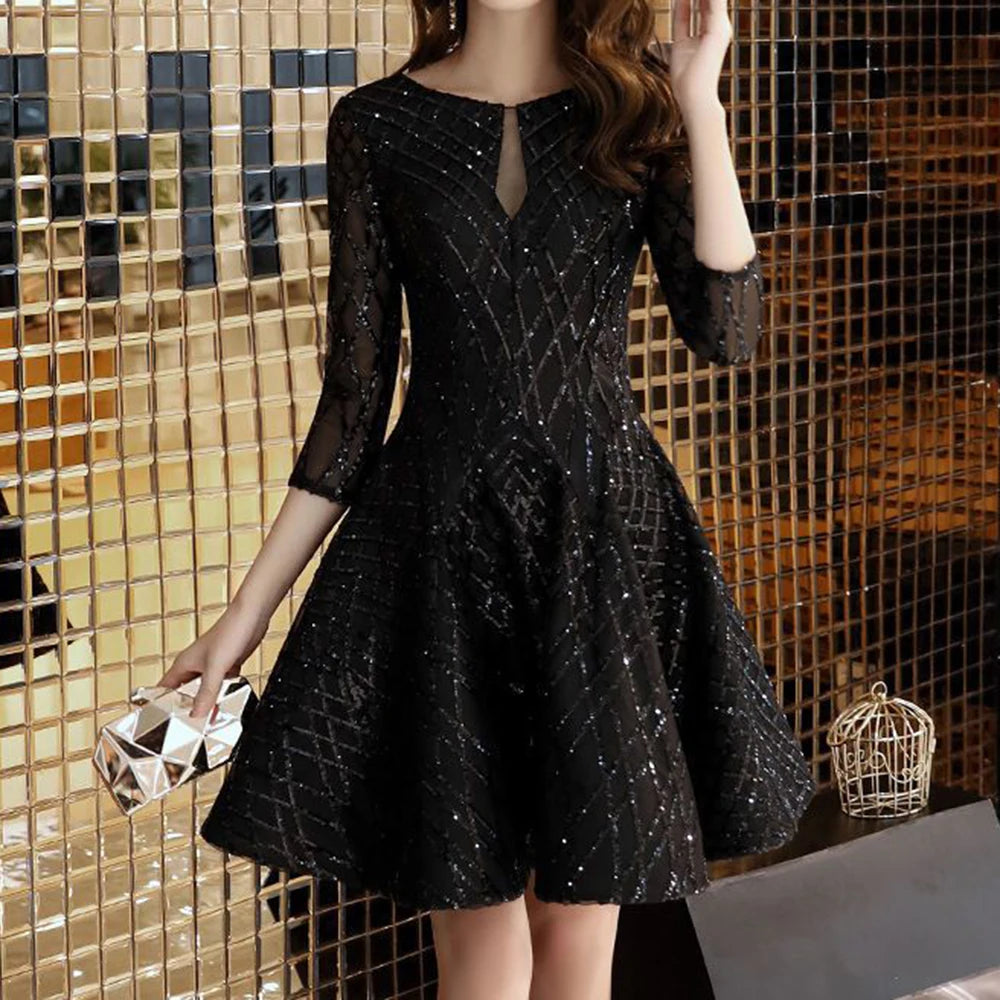Black O-Neck Mid-Calf Evening Dress With Tatting For Women