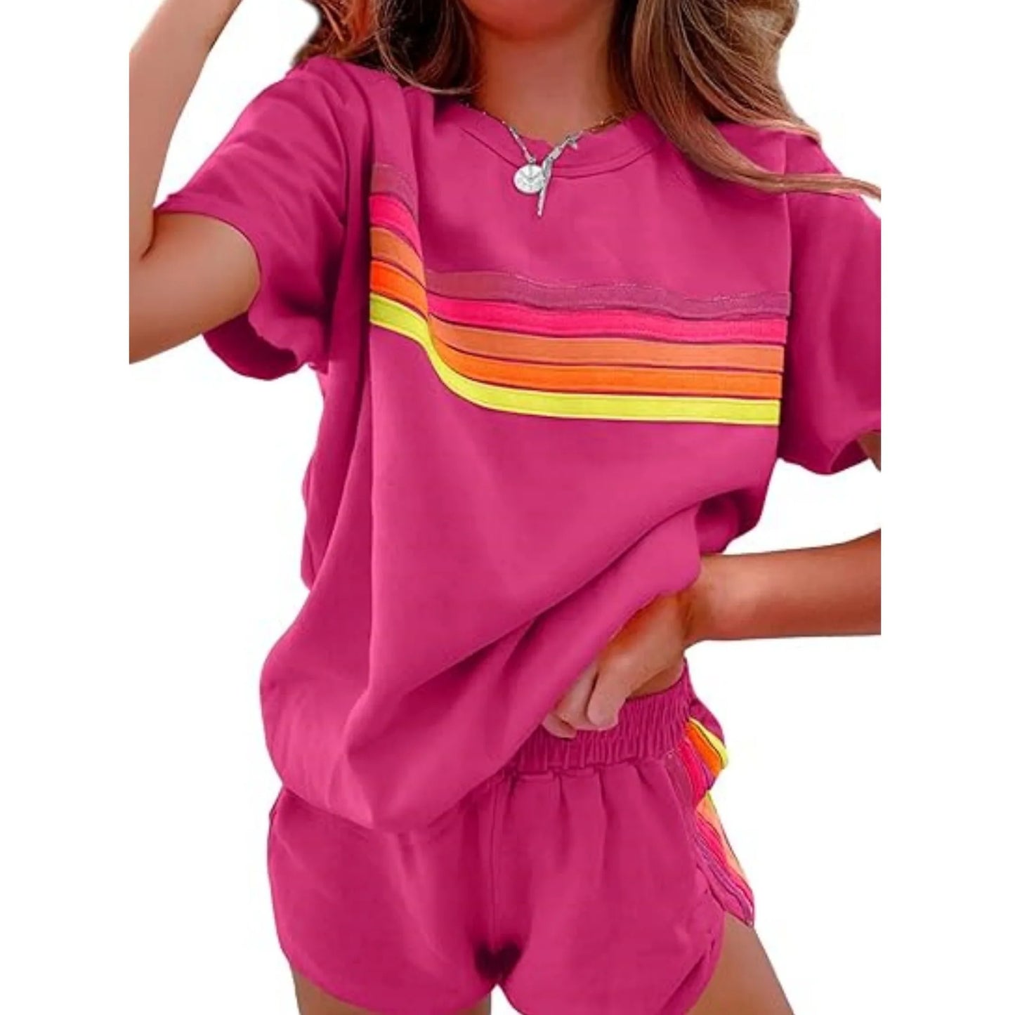 Casual Comfy Lightweight Stripe Top and Shorts Set for Women