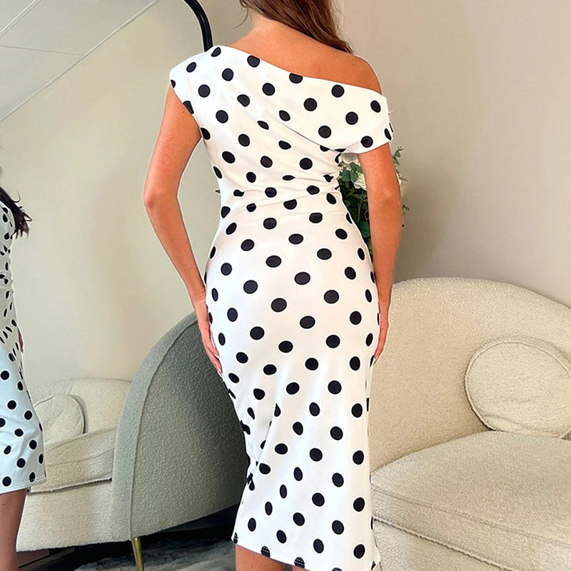 Polka Dot Pleated Off Shoulder Midi Dress for Women
