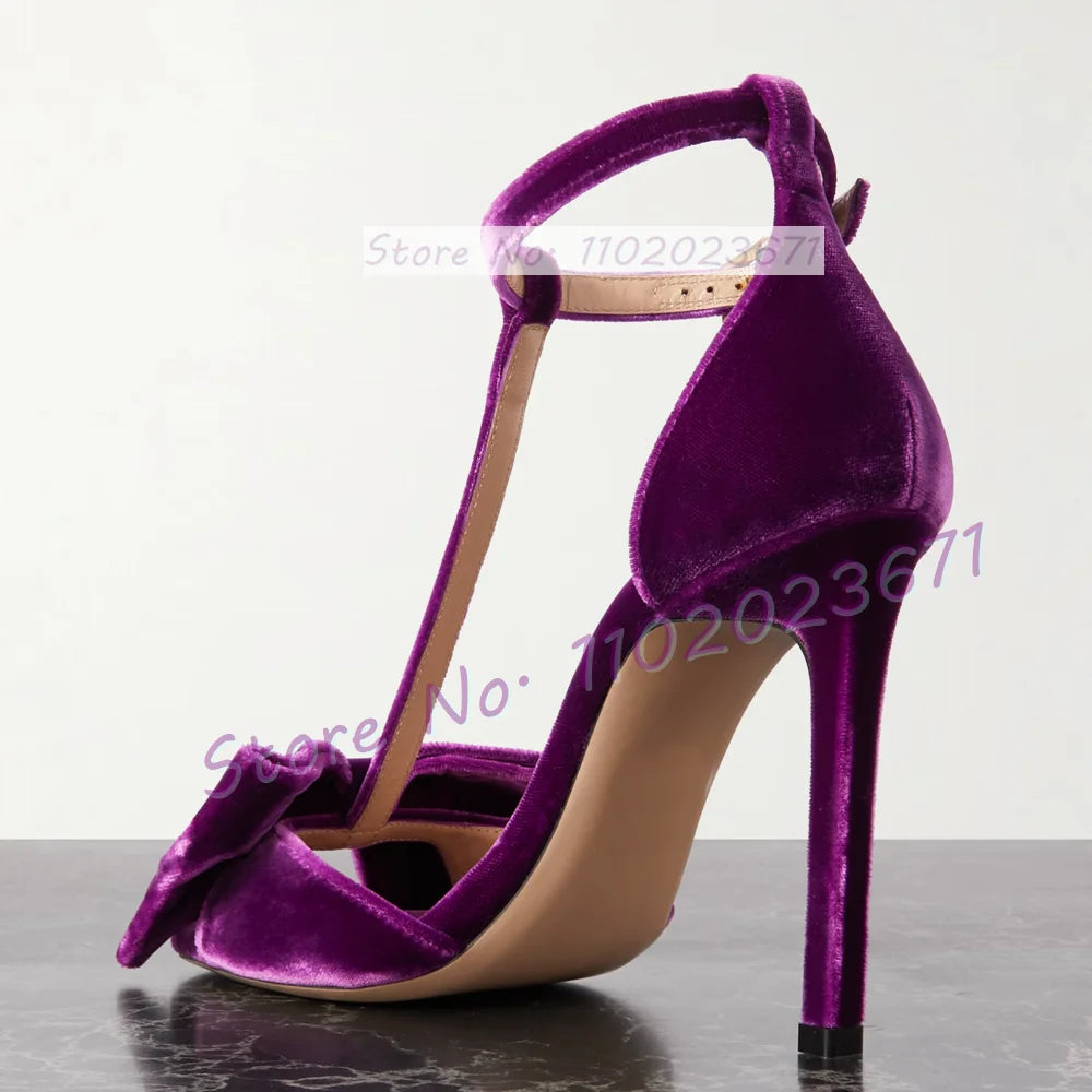 Bow-embellished Velvet Sandals Women's Luxury T Strap Square Toe High Heels Sandals Newest Luxury Party Trendy Cover Heel Shoes