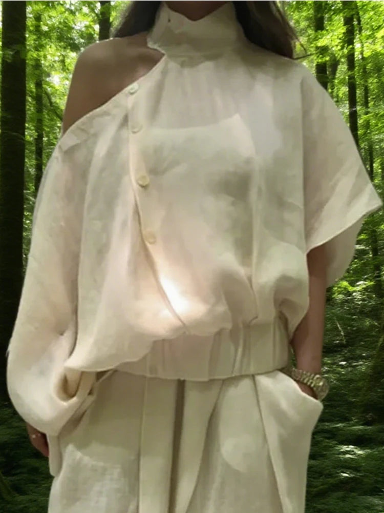 elegant women's clothes fashion Irregularity Loose Hollow Solid Color Cold Shoulder Blouses&Shirts lady's creamy Tops