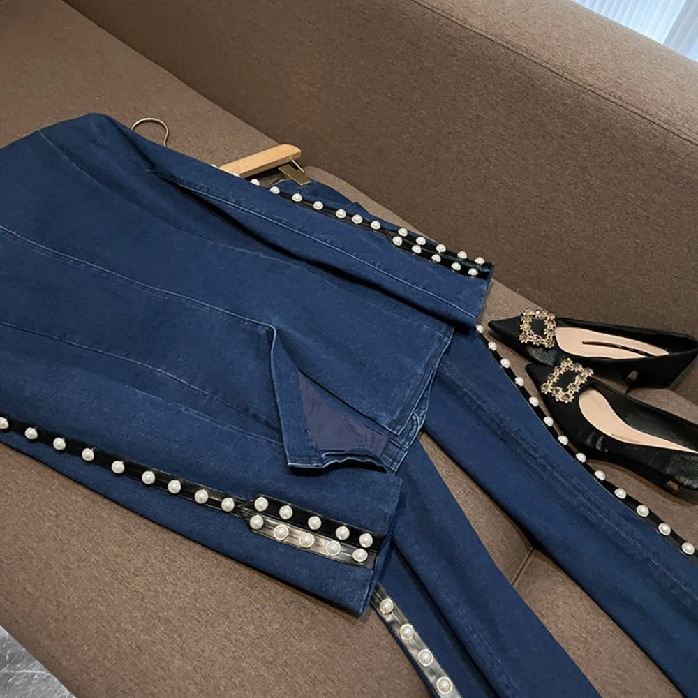 TWOTWINSTYLE Blue Denim Pearl Embellished Suit for Women Tailored Blazer Flared Pants Two Piece Set for Fashion Shows KSE559320