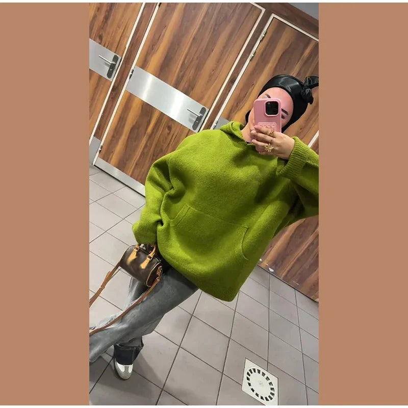 Green Women's Knit Hoodie Coat Full Sleeve Front Pocket  Casual Sweater Top 2025 Early Autumn Loose Female Knitwear Outerwear