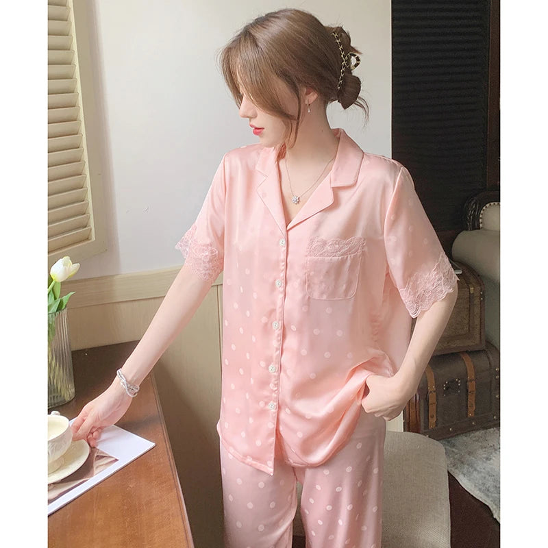 Y2k Pink Sweet Dot Lace Jacquard Women Pajamas French Romantic Lazy Lady Nightgown 2024 New Summer Korean Harajuku Home 2pc Set