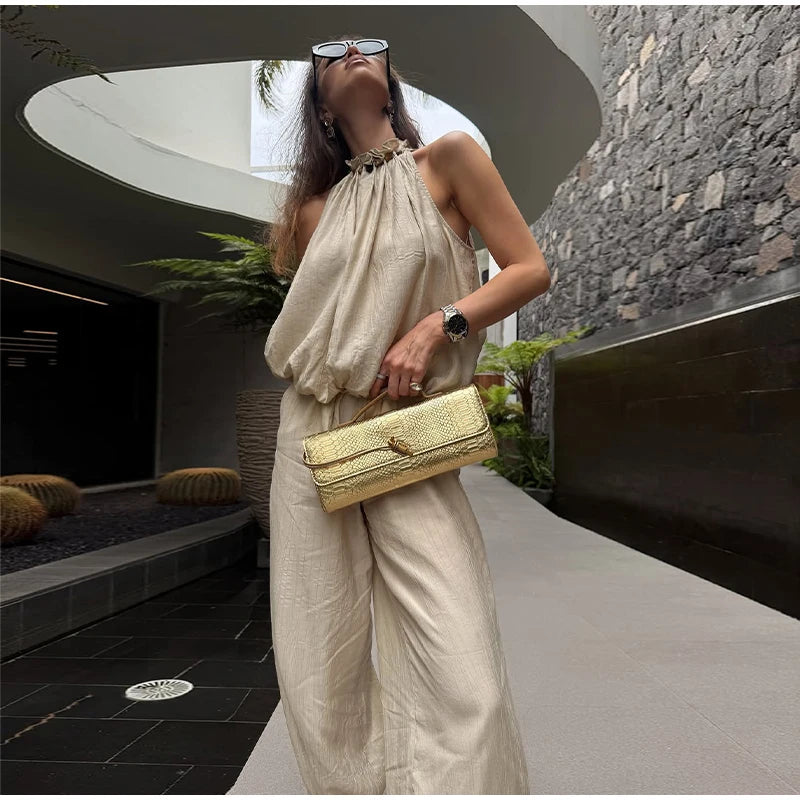 Beaded Halter Top And Lantern Pants Two Piece Set for Women
